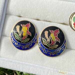 Vintage Cloisonné Floral Flower Clip Earrings
